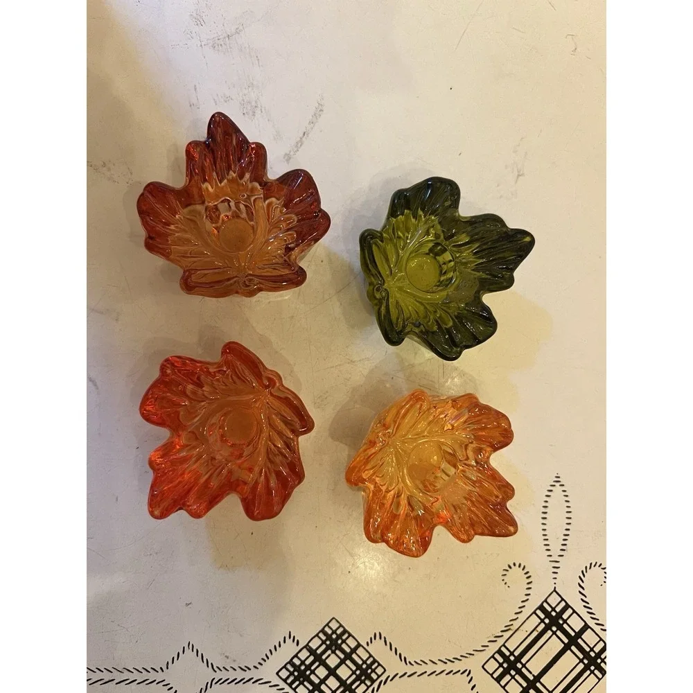 Williams Sonoma CANDLE HOLDER GLASS FALL LEAVES Tiny Taper AUTUMN Set Of 4